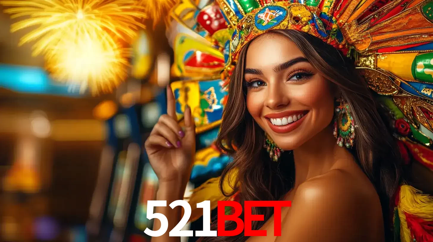 Mulher sorridente com um cocar de carnaval vibrante e colorido, celebrando uma grande vitória nos jogos do cassino 521bet com fogos de artifício ao fundo.
