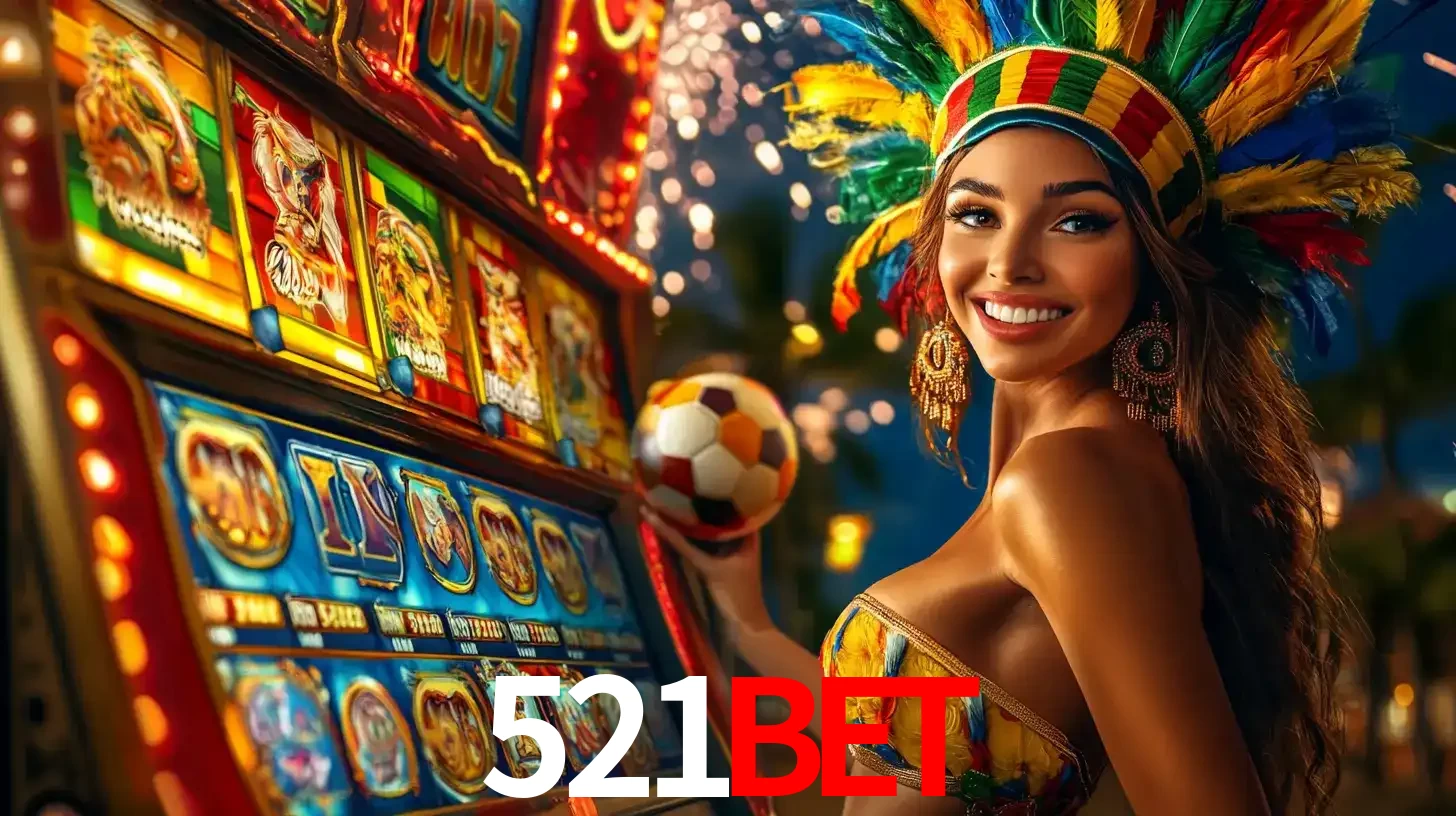 Mulher com um cocar de carnaval ao lado de uma máquina de caça-níqueis enquanto segura uma bola de futebol, mostrando a união da diversão de cassino e esportes no 521bet.