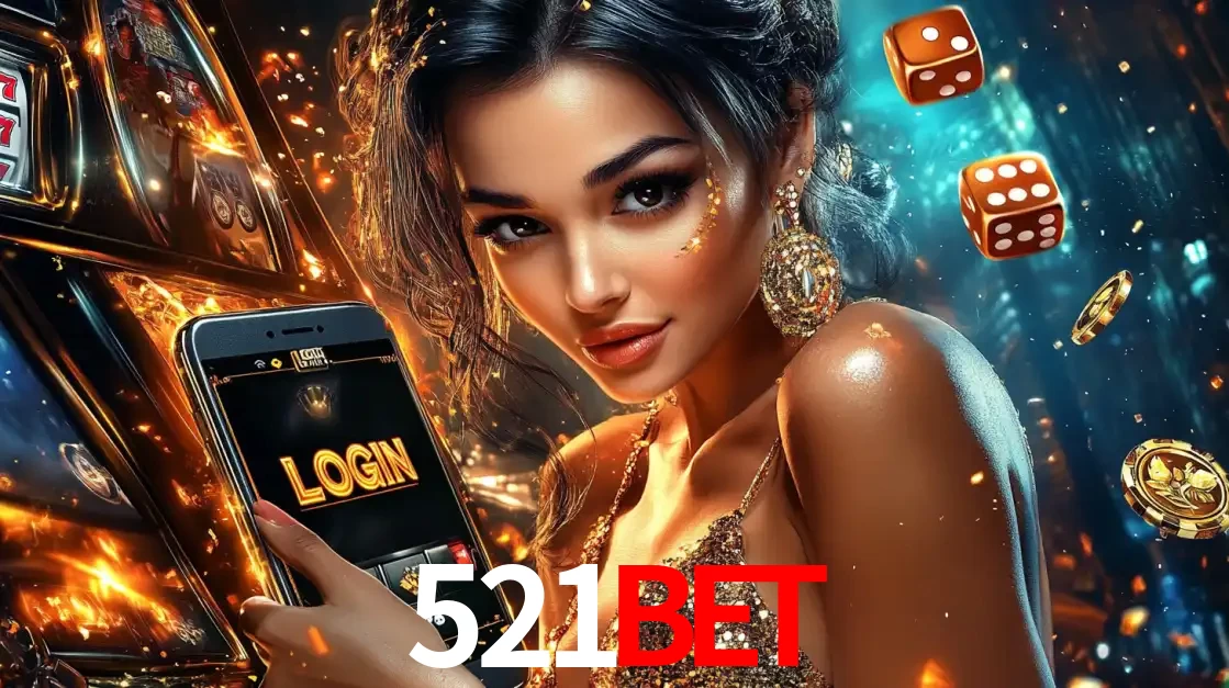 Mulher glamourosa segurando um celular com a tela de login do cassino 521bet, rodeada por dados e moedas douradas, pronta para começar a diversão.