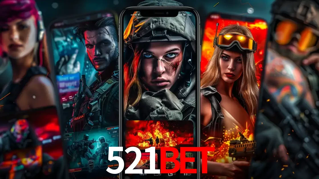 Montagem de telas de celular mostrando diversos personagens, masculinos e femininos, de um jogo de tiro, ilustrando a diversidade de equipes de e-sports para apostar no 521bet.