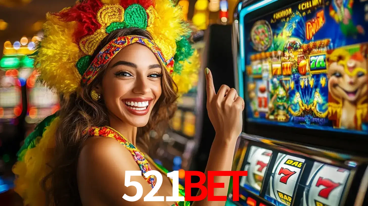 Mulher animada com um cocar de carnaval apontando para uma máquina de caça-níqueis, mostrando a emoção de ganhar um grande prêmio nos jogos do 521bet.