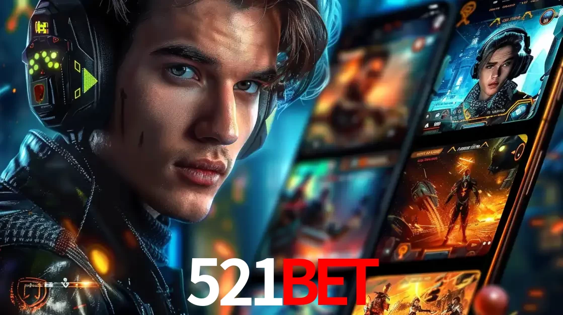Jovem jogador com fones de ouvido olhando para a câmera, com um aplicativo de jogos e e-sports para celular ao fundo, pronto para a competição e apostas no 521bet.