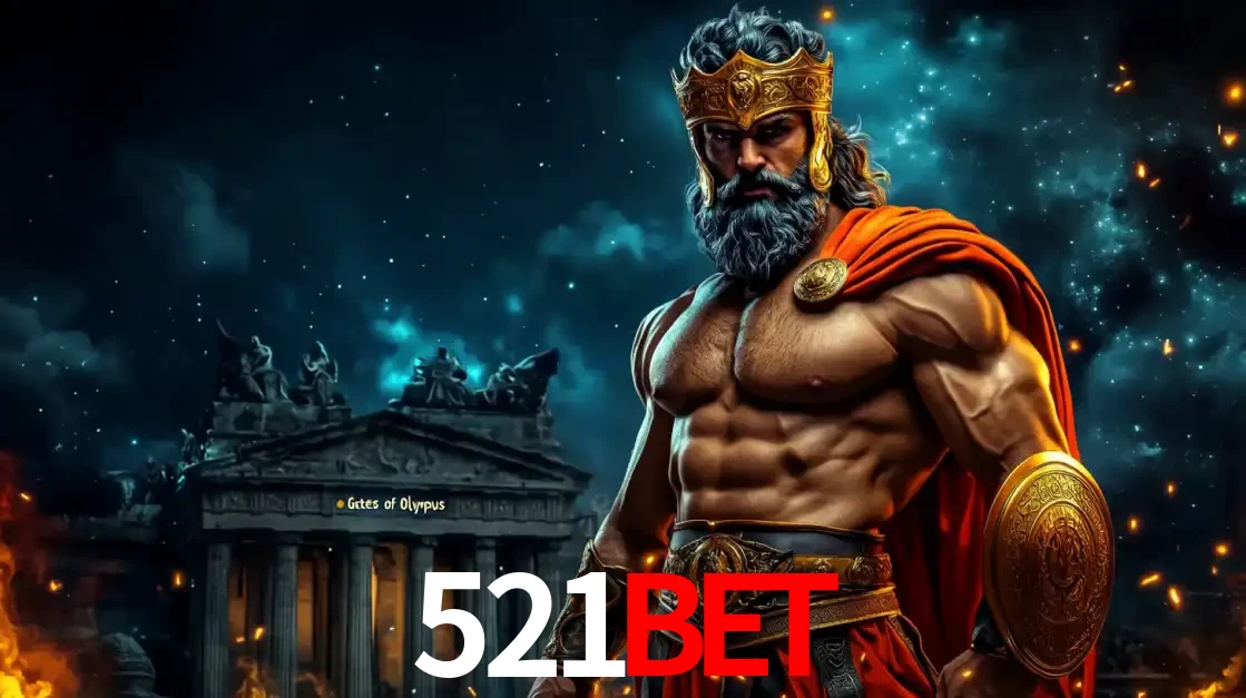 O poderoso Zeus do jogo de slot Gates of Olympus em frente ao seu templo, pronto para lançar multiplicadores divinos e prêmios épicos no cassino online 521bet.