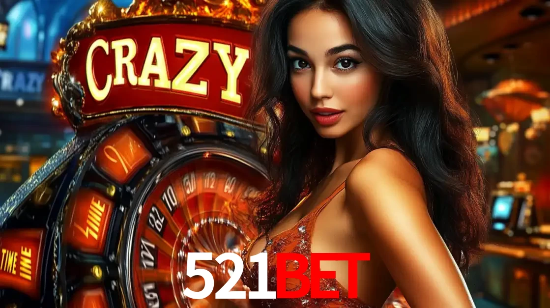 Mulher glamourosa olhando para a câmera com a roda vermelha do Crazy Time ao fundo em um ambiente de cassino, destacando a emoção dos jogos ao vivo no 521bet.
