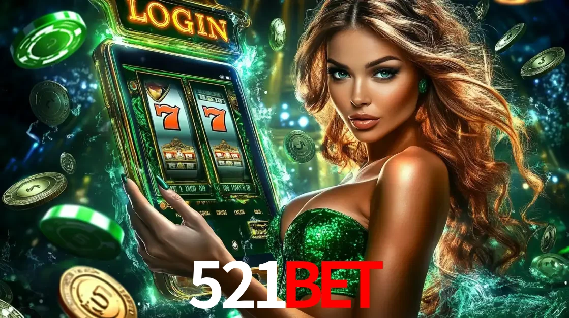 Mulher com tema verde apresentando o aplicativo do cassino 521bet com um jogo de slot de 777, cercada por fichas de cassino e uma aura de sorte.