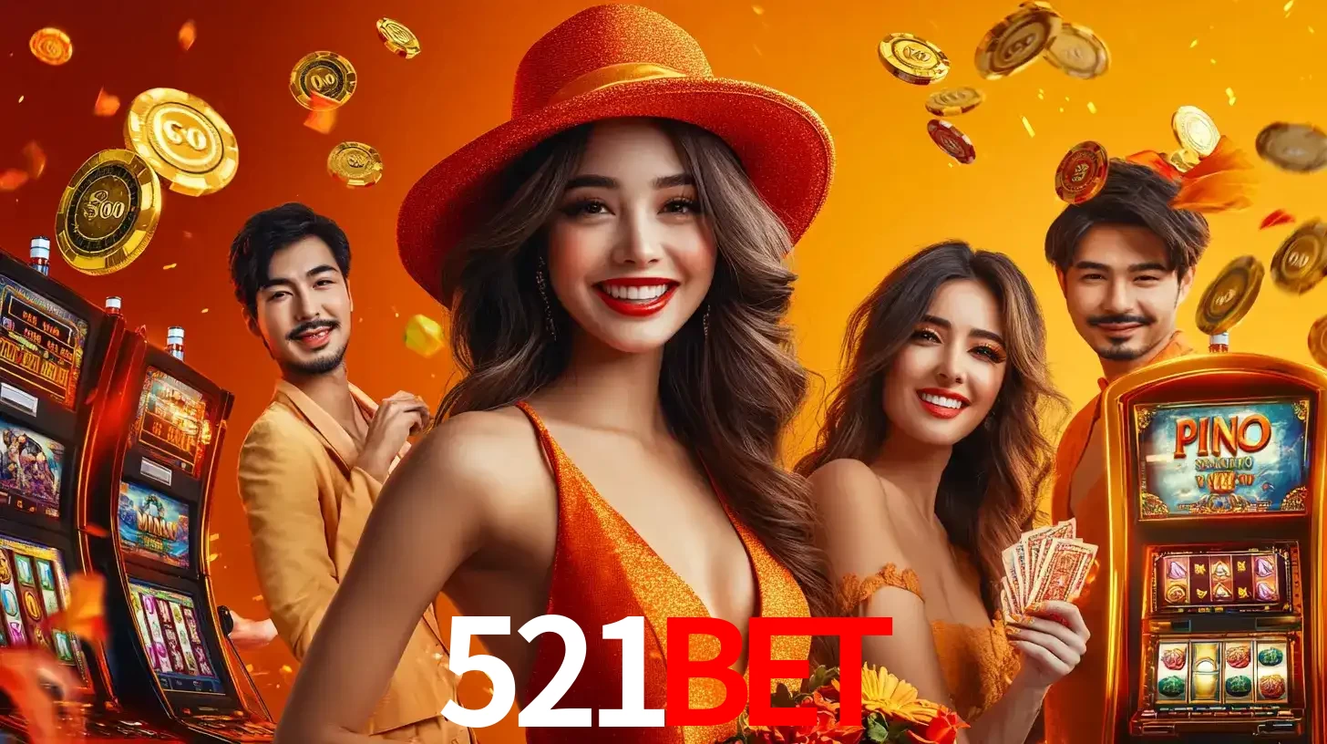 Grupo de amigos asiáticos sorrindo e se divertindo com máquinas de caça-níqueis em um ambiente festivo, celebrando suas vitórias nos jogos de cassino do 521bet.