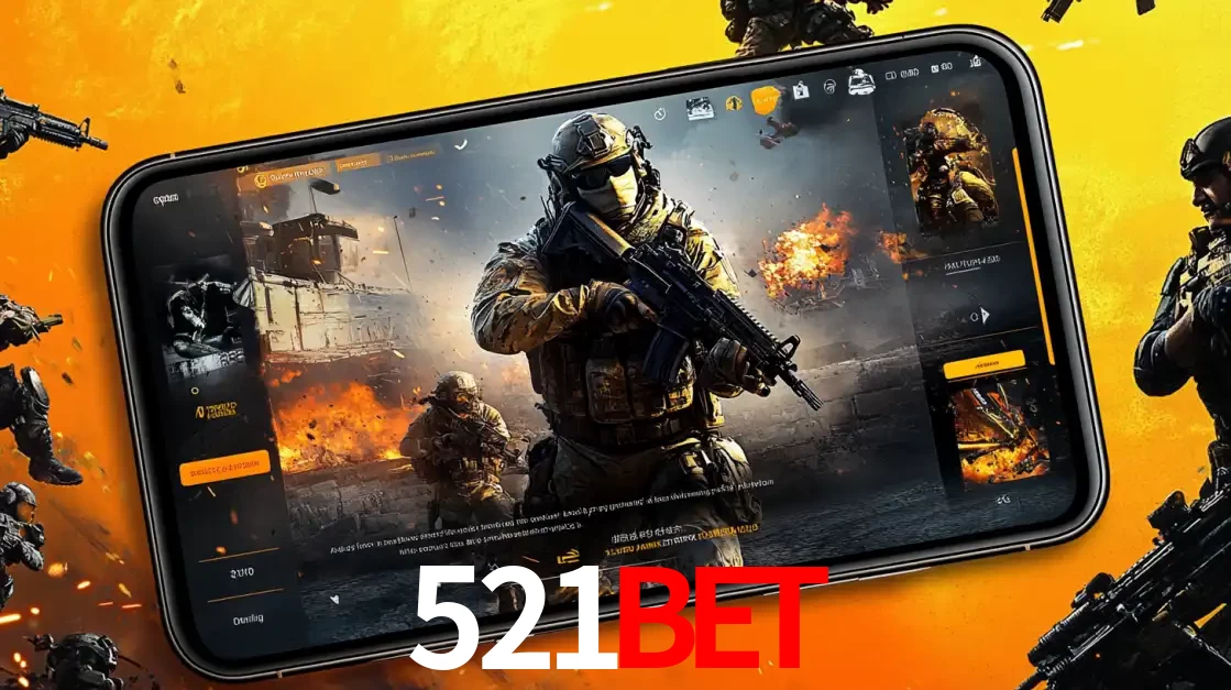 Um smartphone exibindo a interface de um jogo de tiro em primeira pessoa, com um soldado em um cenário de batalha, representando a ação dos e-sports para apostar no 521bet.
