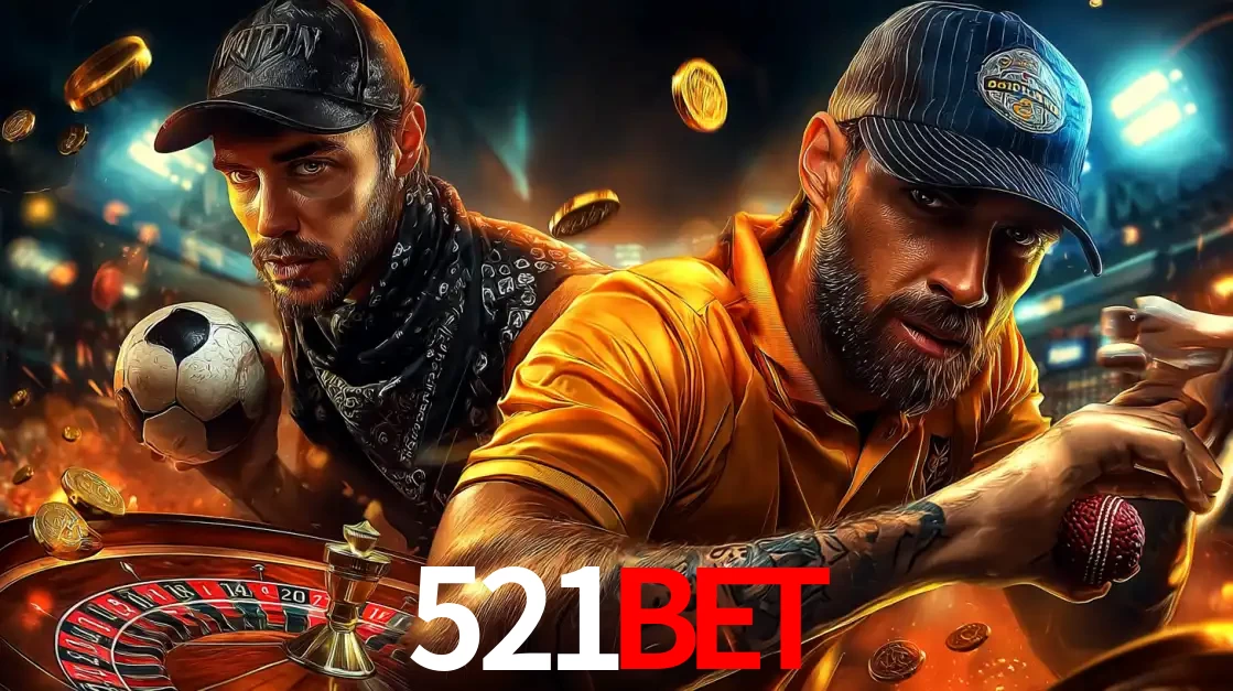 Montagem de apostas esportivas e cassino no 521bet, com um homem segurando uma bola de futebol e outro uma de beisebol sobre uma roleta e moedas voadoras.