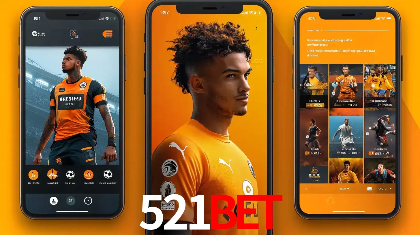 Interface do aplicativo de apostas esportivas 521bet em três telas de celular, mostrando o perfil de um jogador de futebol e a lista de jogos disponíveis para apostar.