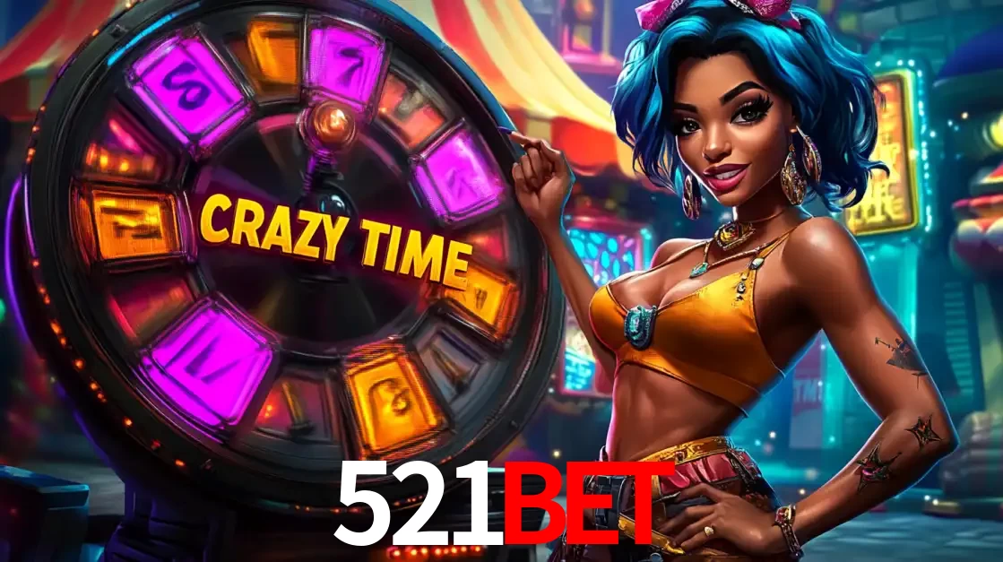 Mulher estilizada com cabelo azul e visual vibrante posando ao lado da roda de prêmios do game show Crazy Time, convidando para a diversão e os bônus do cassino 521bet.