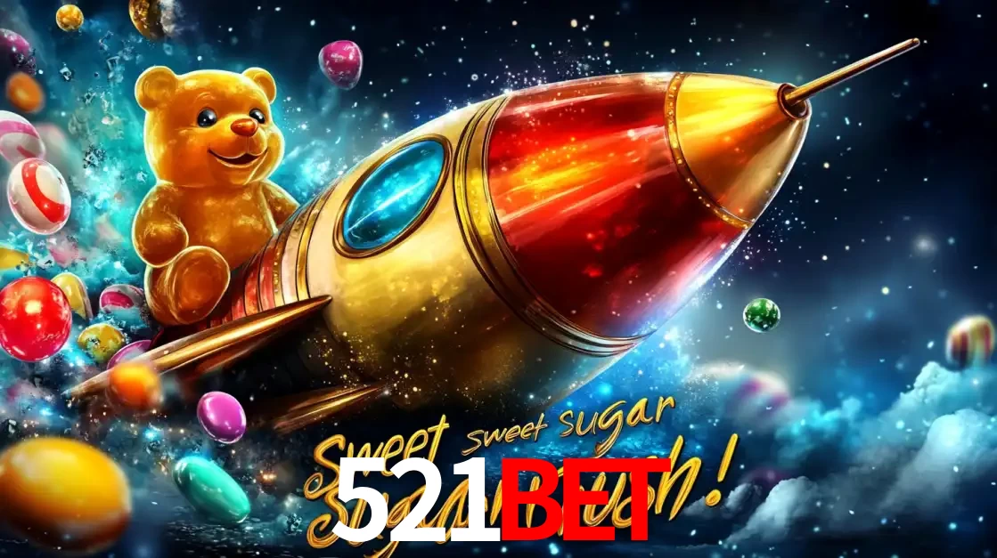 Arte promocional do jogo de slot Sugar Rush, com um urso de pelúcia em um foguete viajando pelo espaço de doces, um dos jogos divertidos disponíveis no cassino 521bet.