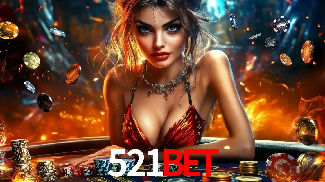 Mulher em uma mesa de cassino com pilhas de fichas e um fundo de fogo, pronta para uma rodada de altas apostas nos jogos de mesa emocionantes do cassino 521bet.