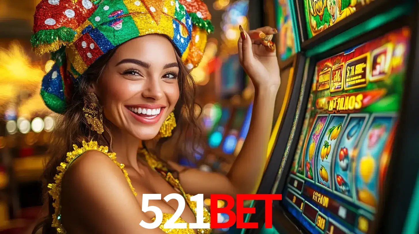 Mulher feliz com traje de carnaval amarelo e colorido ao lado de uma máquina de caça-níqueis, aproveitando a diversão e os jogos temáticos do cassino 521bet.