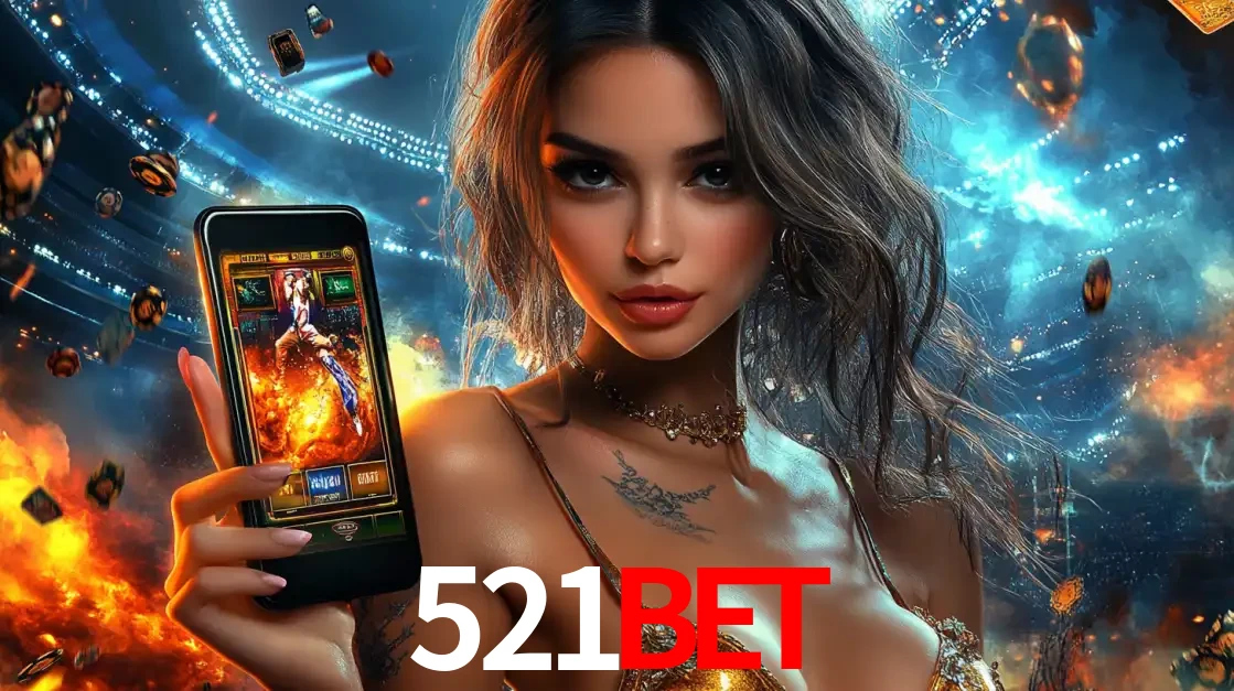 Mulher segurando um celular com um jogo de slot em destaque, tendo como fundo um estádio vibrante, simbolizando a emoção de jogar no cassino móvel 521bet.