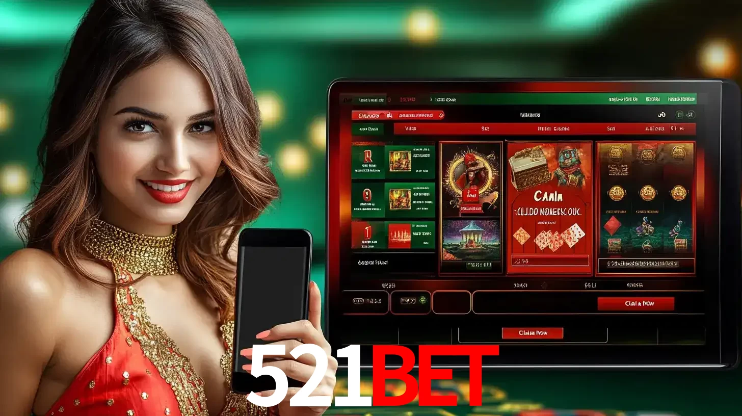 Mulher sorridente segurando um smartphone, ao lado de uma tela exibindo o lobby de jogos do cassino online 521bet, com várias opções de jogos de cartas e slots.